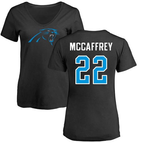 Carolina Panthers Black Women Christian McCaffrey Name and Number Logo Slim Fit NFL Football #22 T Shirt